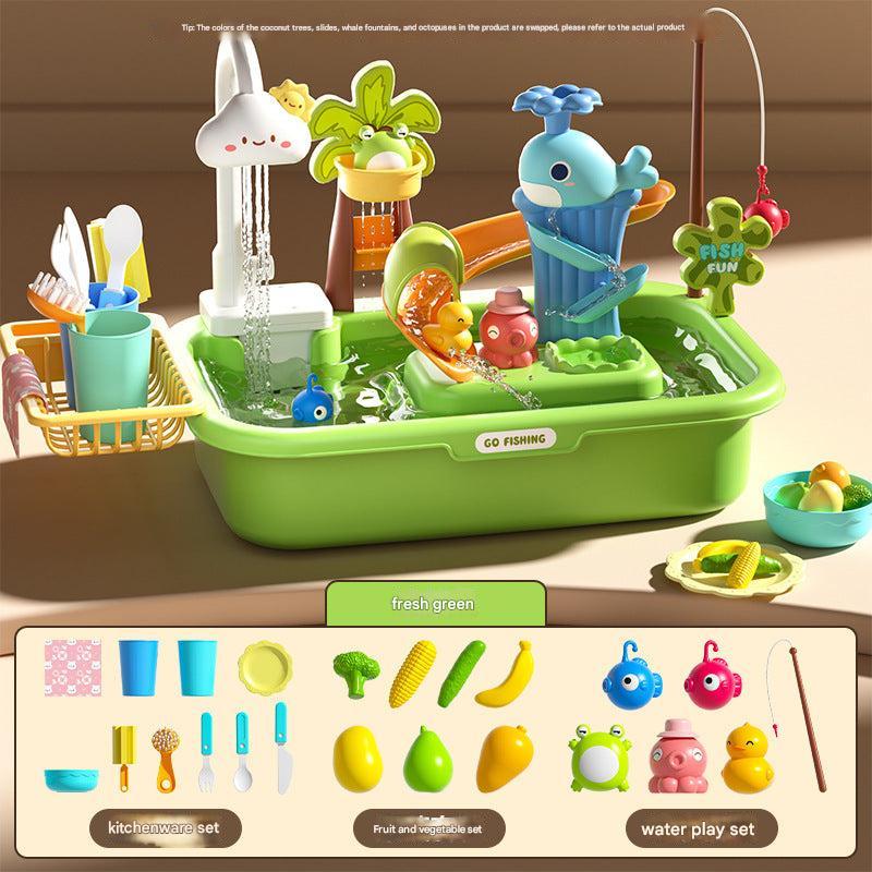 Children washing dishes in pretend play sink