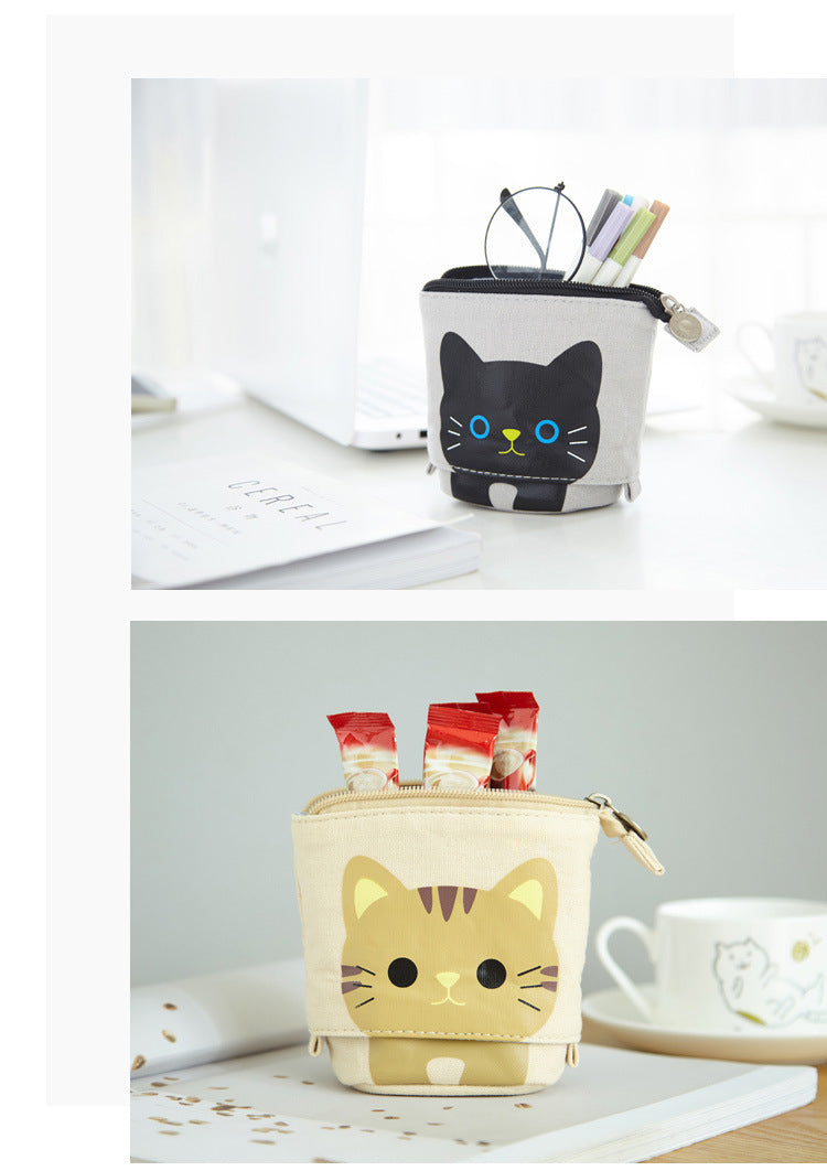 Multifunctional Canvas Pencil Case in White Cat design