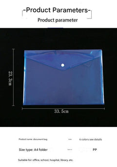 blue transparent document organizer with snap closure