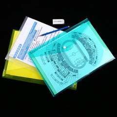 blue transparent document organizer with snap closure