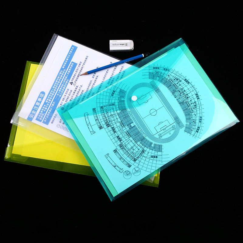 blue transparent document organizer with snap closure