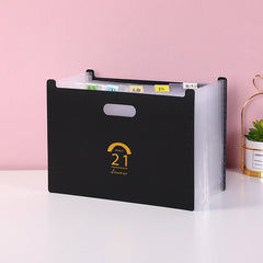 black accordion folder with custom labels