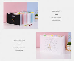 black accordion folder with custom labels