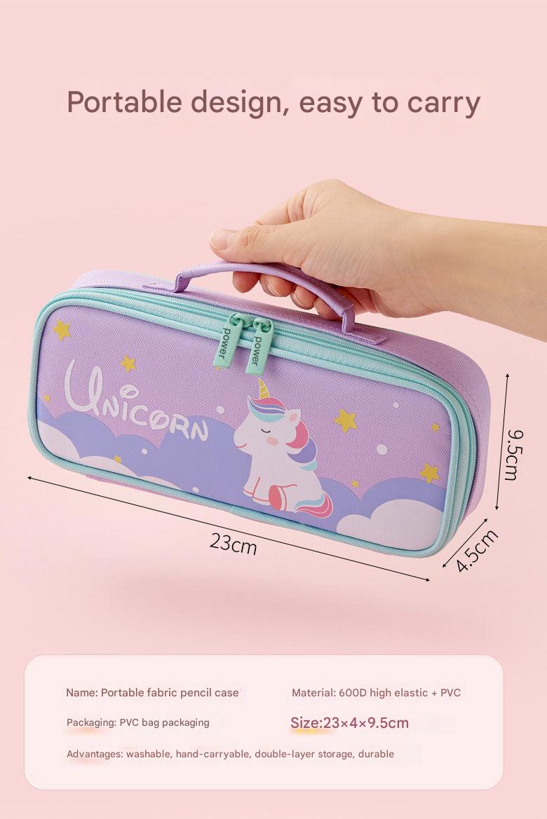 angled view of purple unicorn pencil case