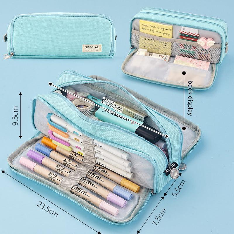 Various colours of Angoo pencil case open