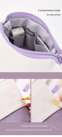 Set of colourful pencil cases on desk