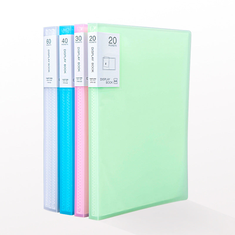 Stacked A4 binders in green, blue, pink, and white
