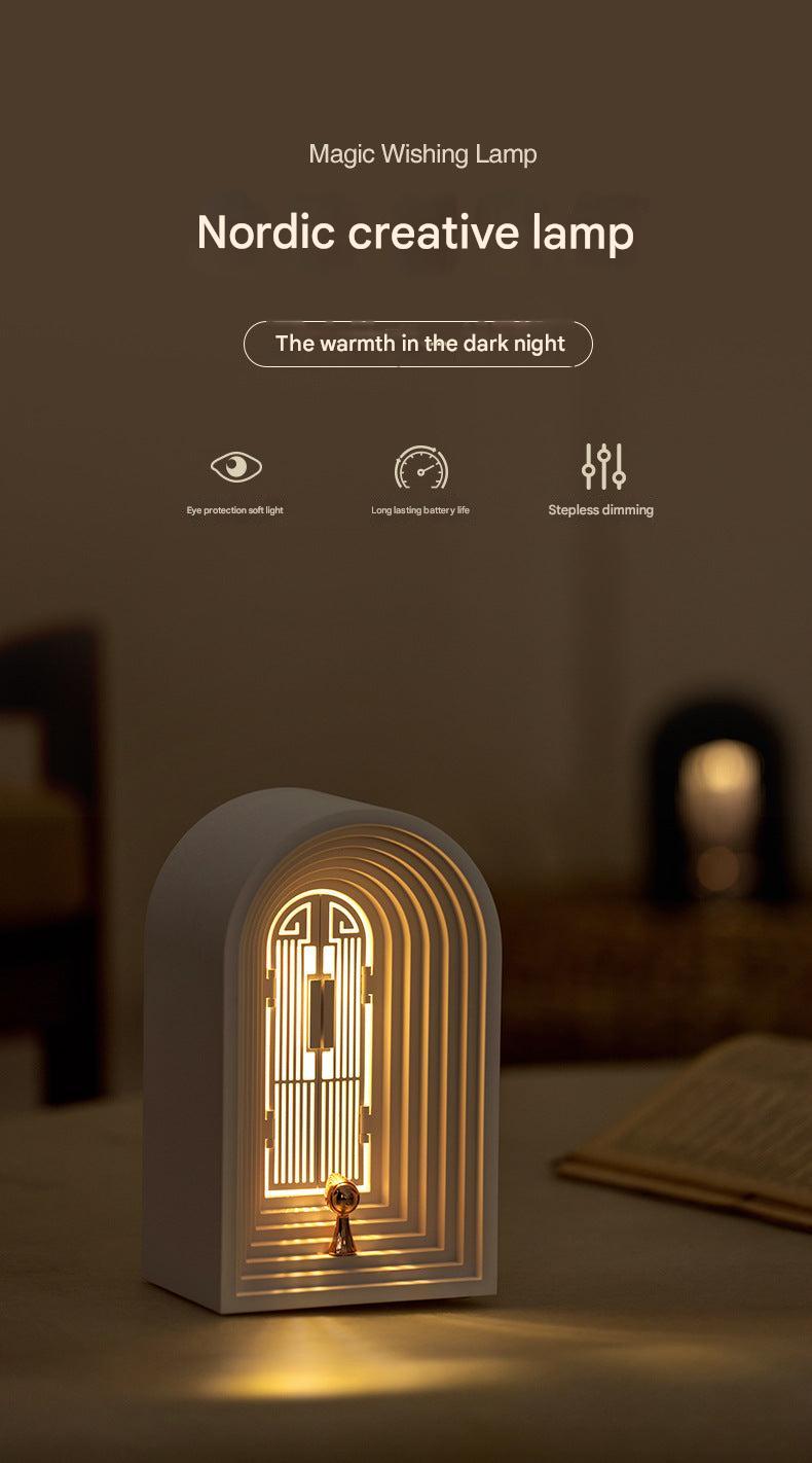 Scandinavian LED desk lamp with speaker in bedroom