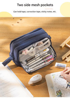 Close-up of dual zippers on the stylish pencil case