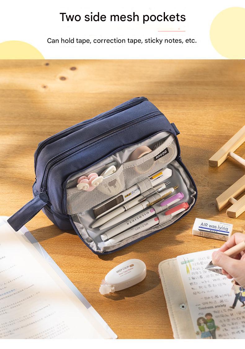Close-up of dual zippers on the stylish pencil case