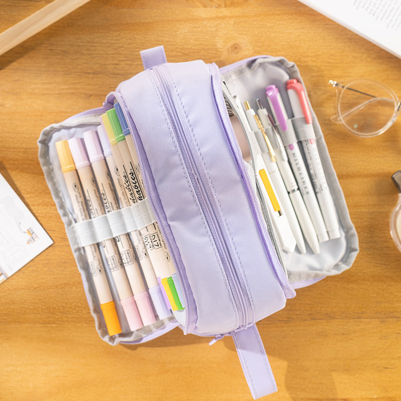 Close-up of dual zippers on the stylish pencil case