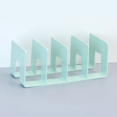 angled view of multi-compartment acrylic book stand
