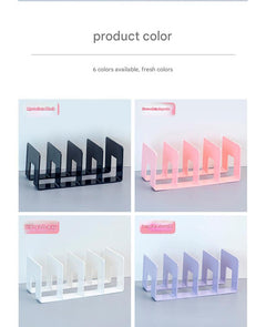 angled view of multi-compartment acrylic book stand