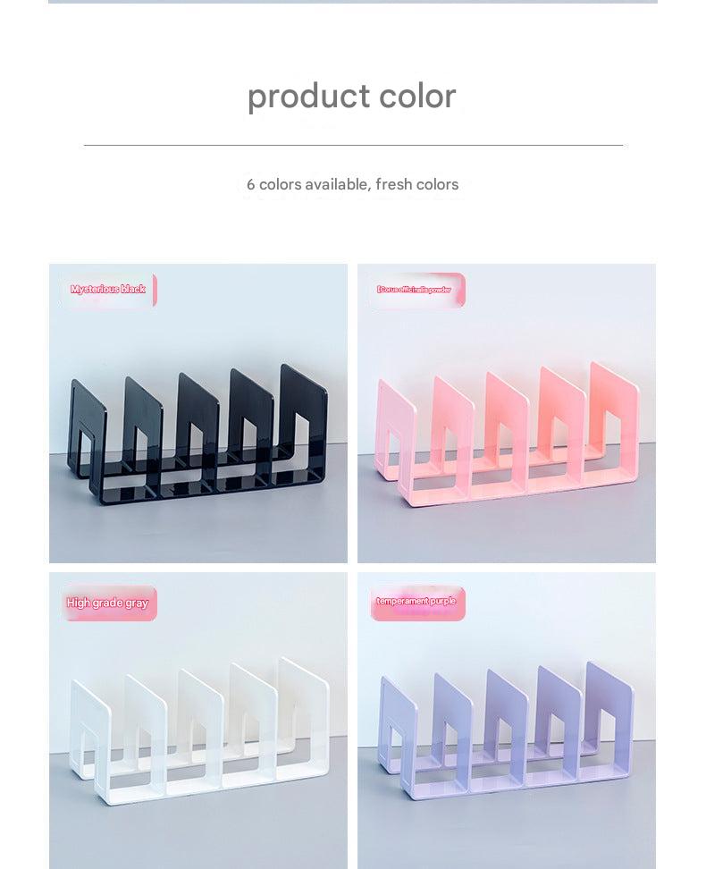 angled view of multi-compartment acrylic book stand