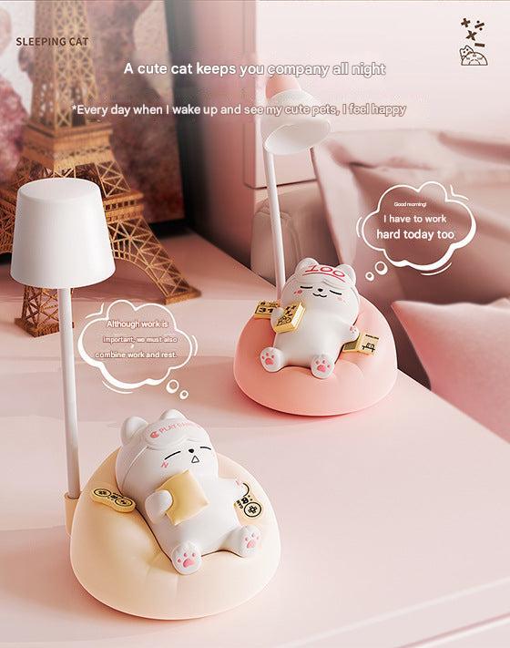 Eye-caring cat bedside lamp displayed in a bedroom