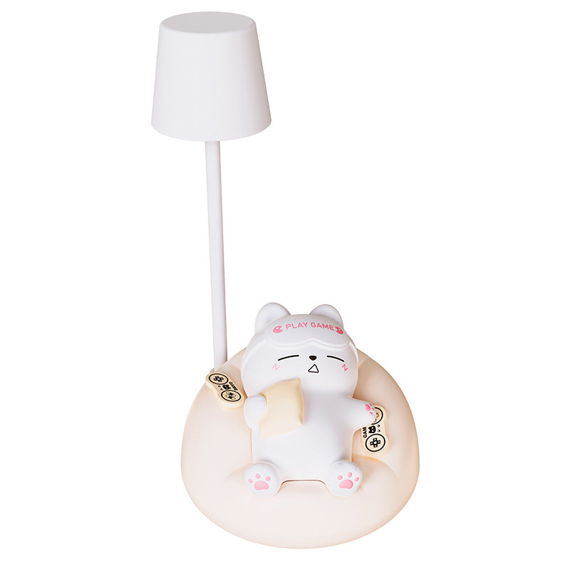 Eye-caring cat bedside lamp displayed in a bedroom