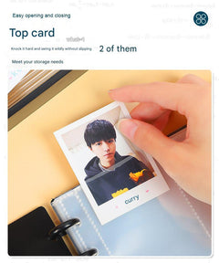 Open A4 photo album showing card slots in four-grid layout
