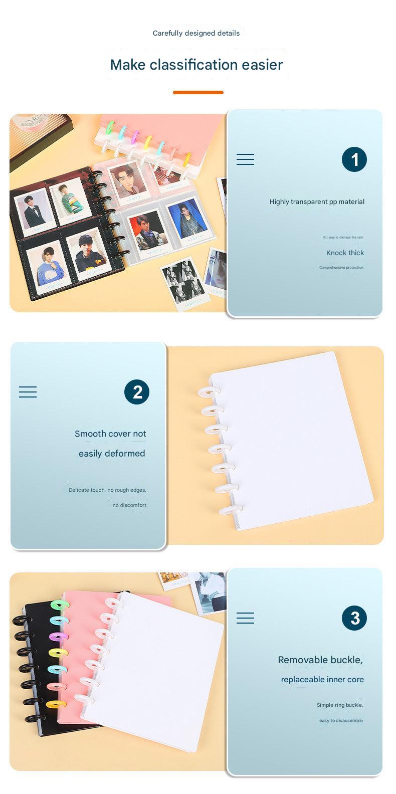 Close-up of card slots in A4 photo album