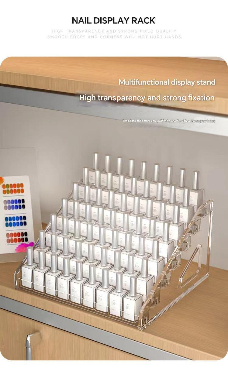 Side view of layered cosmetic storage rack