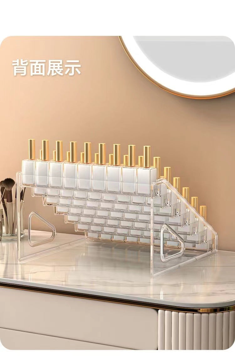 Profile view of multi-tier makeup stand