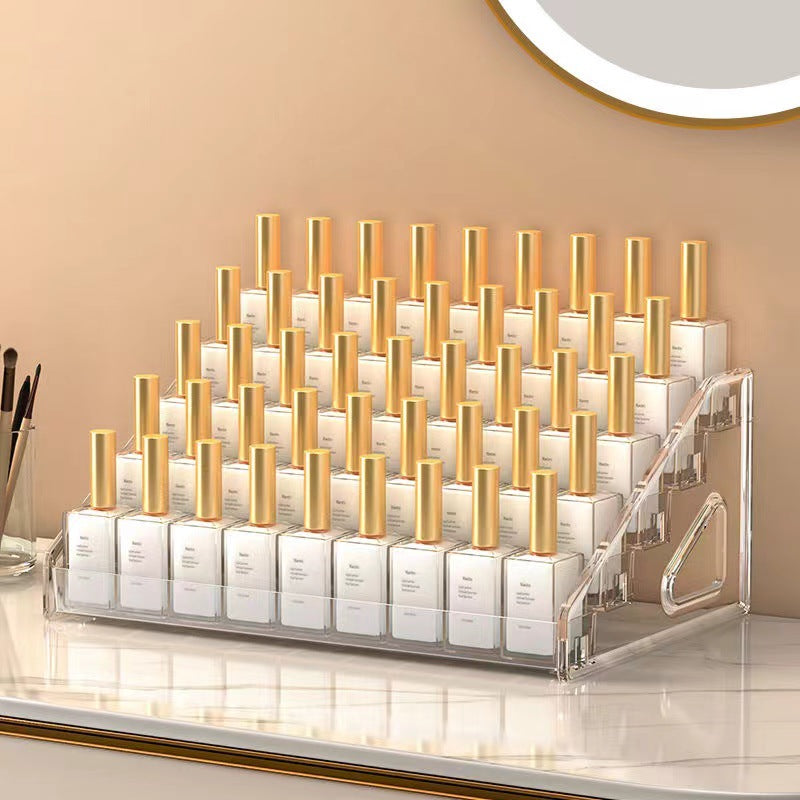 Side view of layered cosmetic storage rack