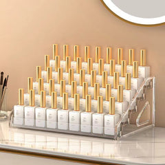 Side view of layered cosmetic storage rack