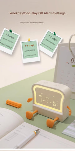 Charming cartoon-style alarm clock on a bedside table