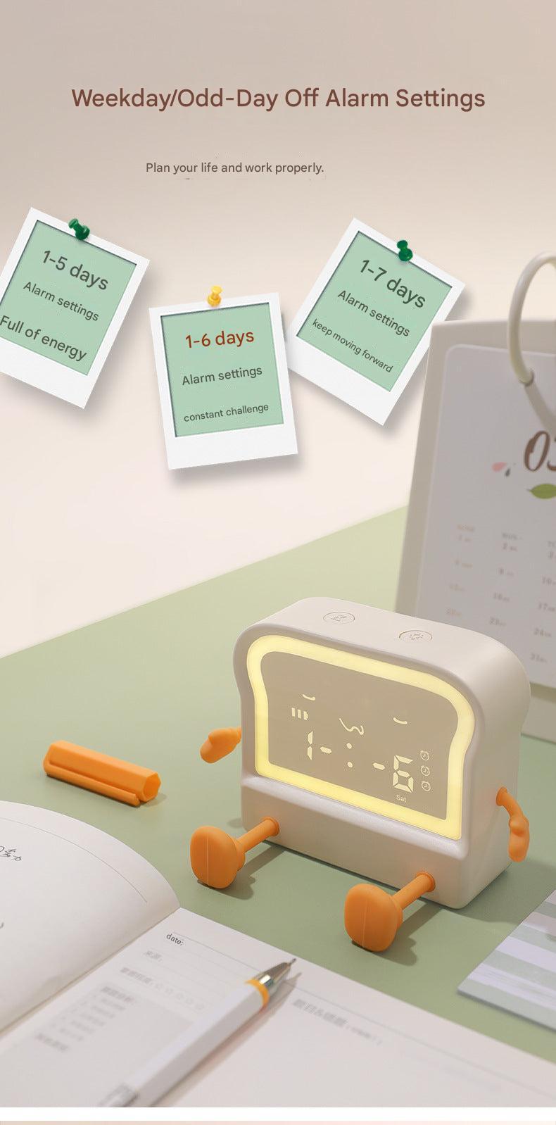 Charming cartoon-style alarm clock on a bedside table