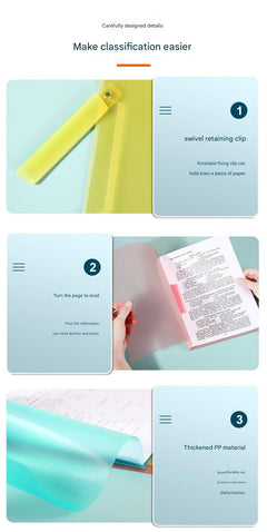 Blue transparent A4 folder open on desk