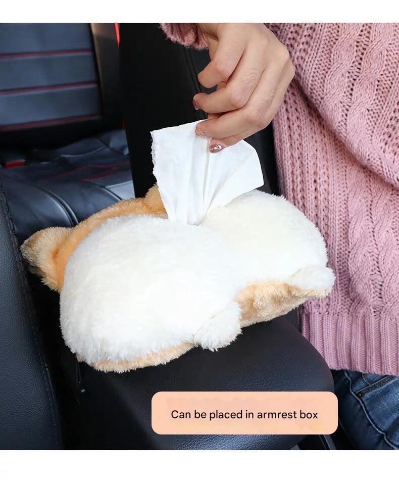 Plush Corgi Butt Car Tissue Holder on sun visor