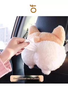 Close-up of Plush Corgi Butt Tissue Box in car
