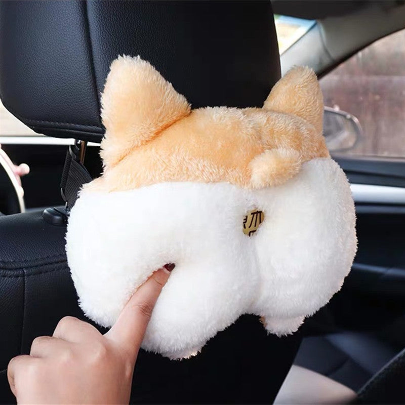 Close-up of Plush Corgi Butt Tissue Box in car