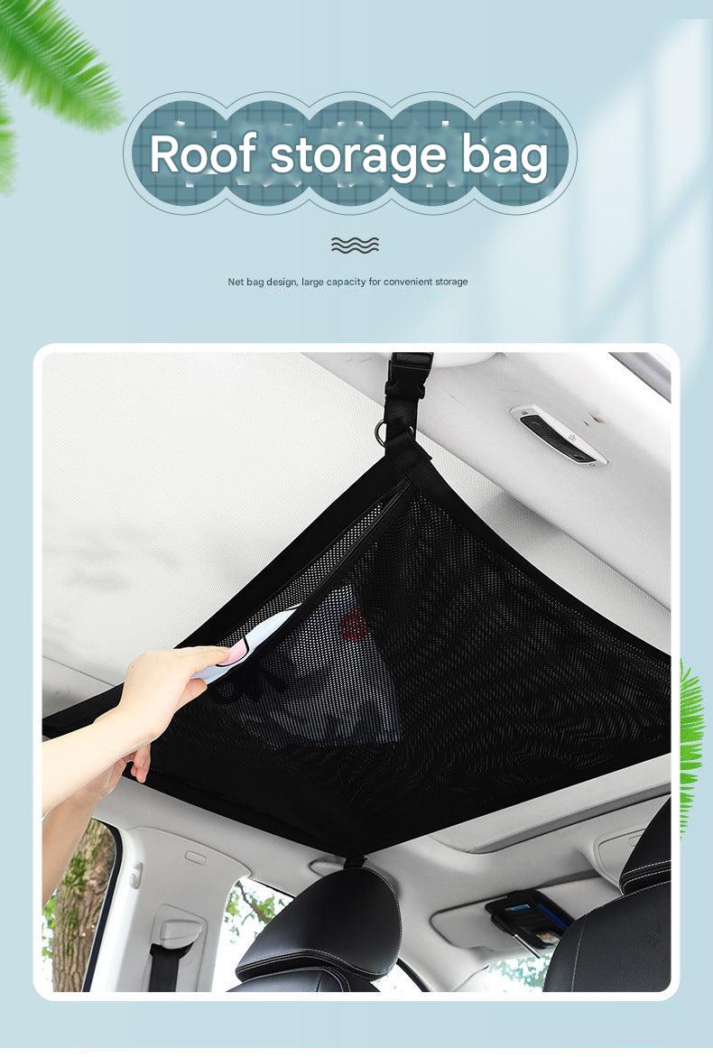 Car interior with ceiling storage net installed