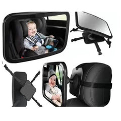 Angled view of car seat mirror with baby