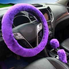Pink plush steering wheel cover installed in vehicle