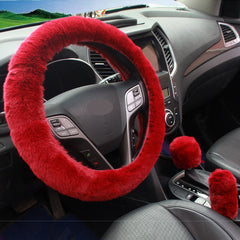 Plush steering wheel cover with rabbit fur accents