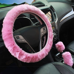Close-up of soft synthetic rabbit fur steering wheel cover