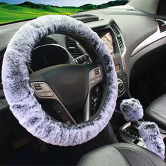 Stylish grey plush steering wheel cover in car