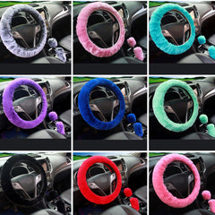 Red plush steering wheel cover accent in car