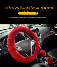 Pink plush steering wheel cover installed in vehicle