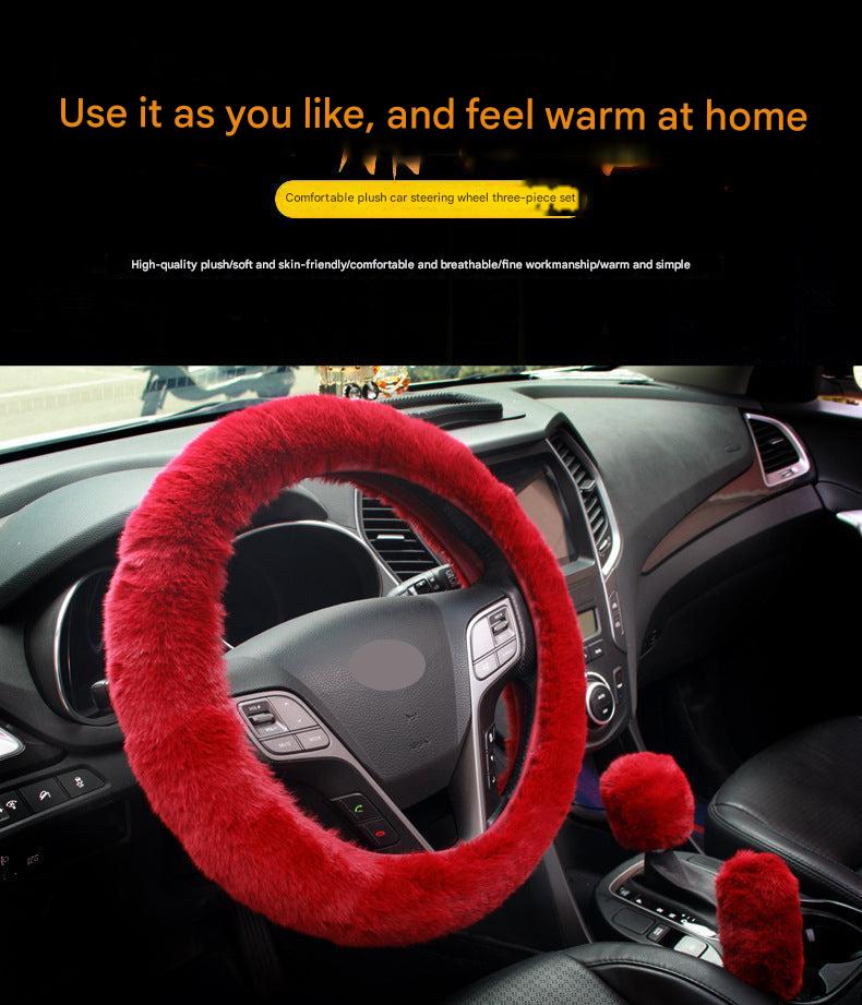 Pink plush steering wheel cover installed in vehicle