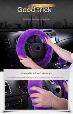 Plush steering wheel cover with rabbit fur accents