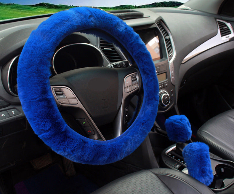 Close-up of soft synthetic rabbit fur steering wheel cover