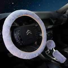 Stylish grey plush steering wheel cover in car