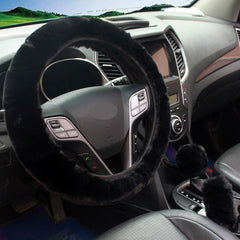 Red plush steering wheel cover accent in car