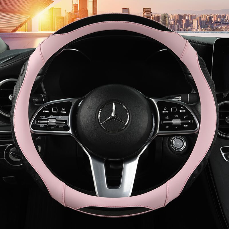 Close-up of a black and red steering wheel cover