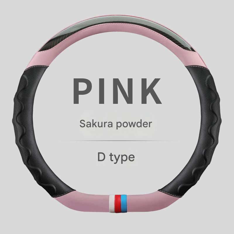 Close-up of the universal leather carbon fibre steering wheel cover installed