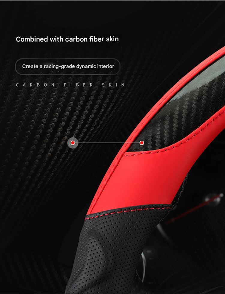 Sleek red racing style steering wheel cover in use