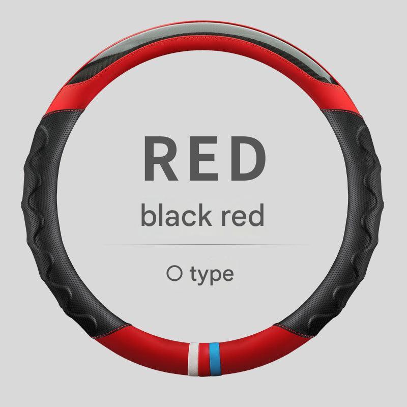 Blue sporty car steering wheel cover with carbon fibre detail