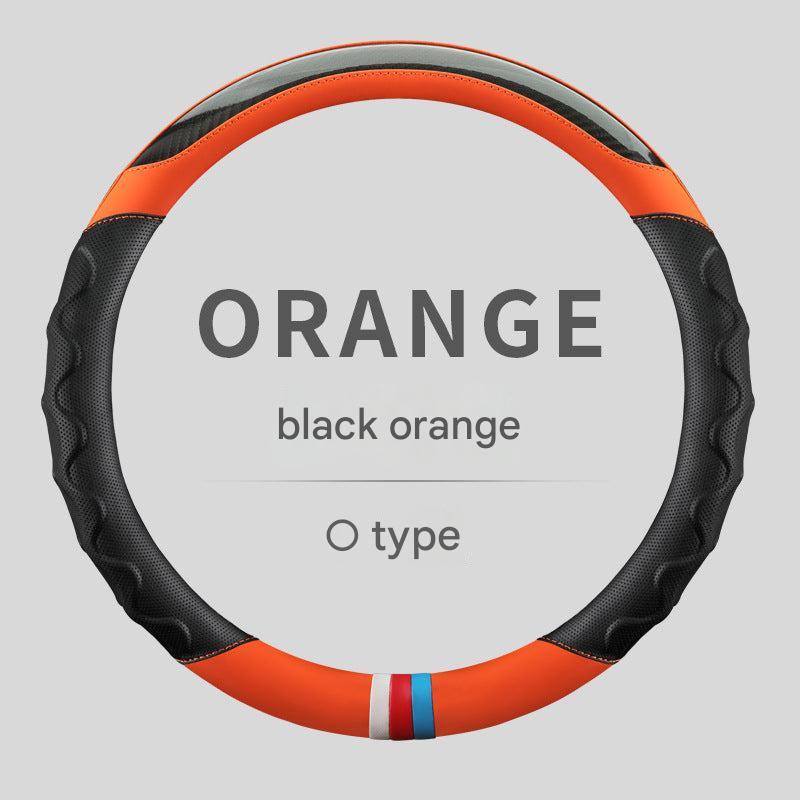 Stylish white leather steering cover fitted on a steering wheel